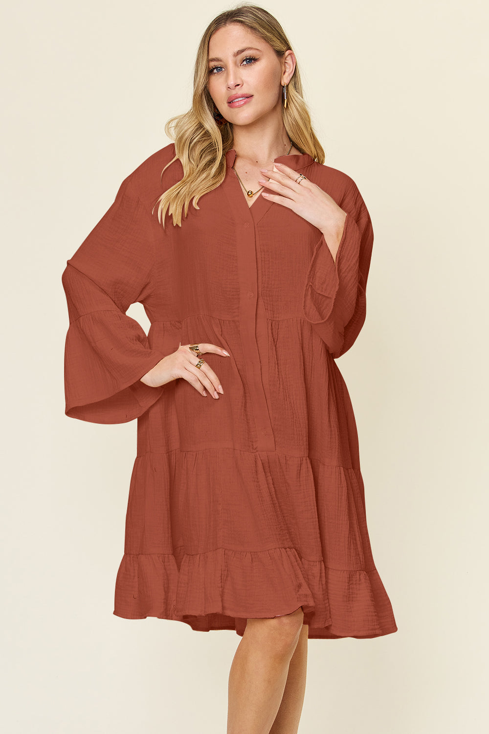 Textured Button-Down Ruffle Hem Dress Brick Red