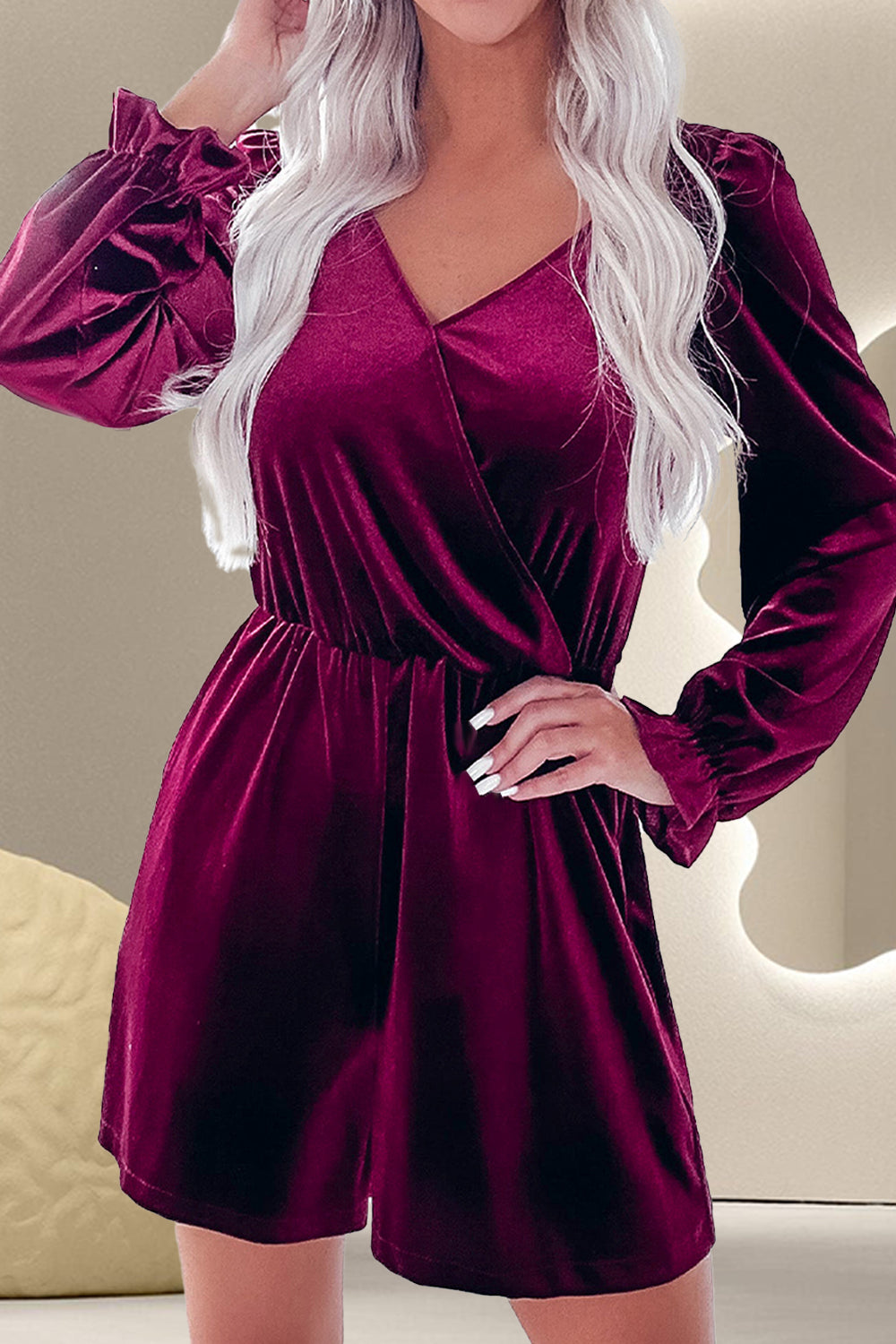 Surplice Flounce Sleeve Romper Burgundy