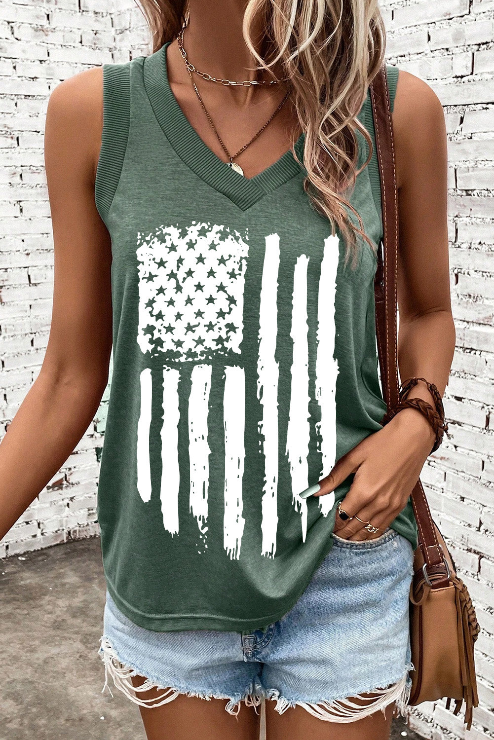 US Flag V-Neck Tank Black Forest