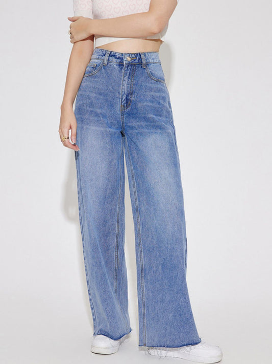 High Waist Straight Leg Jeans with Pockets Light