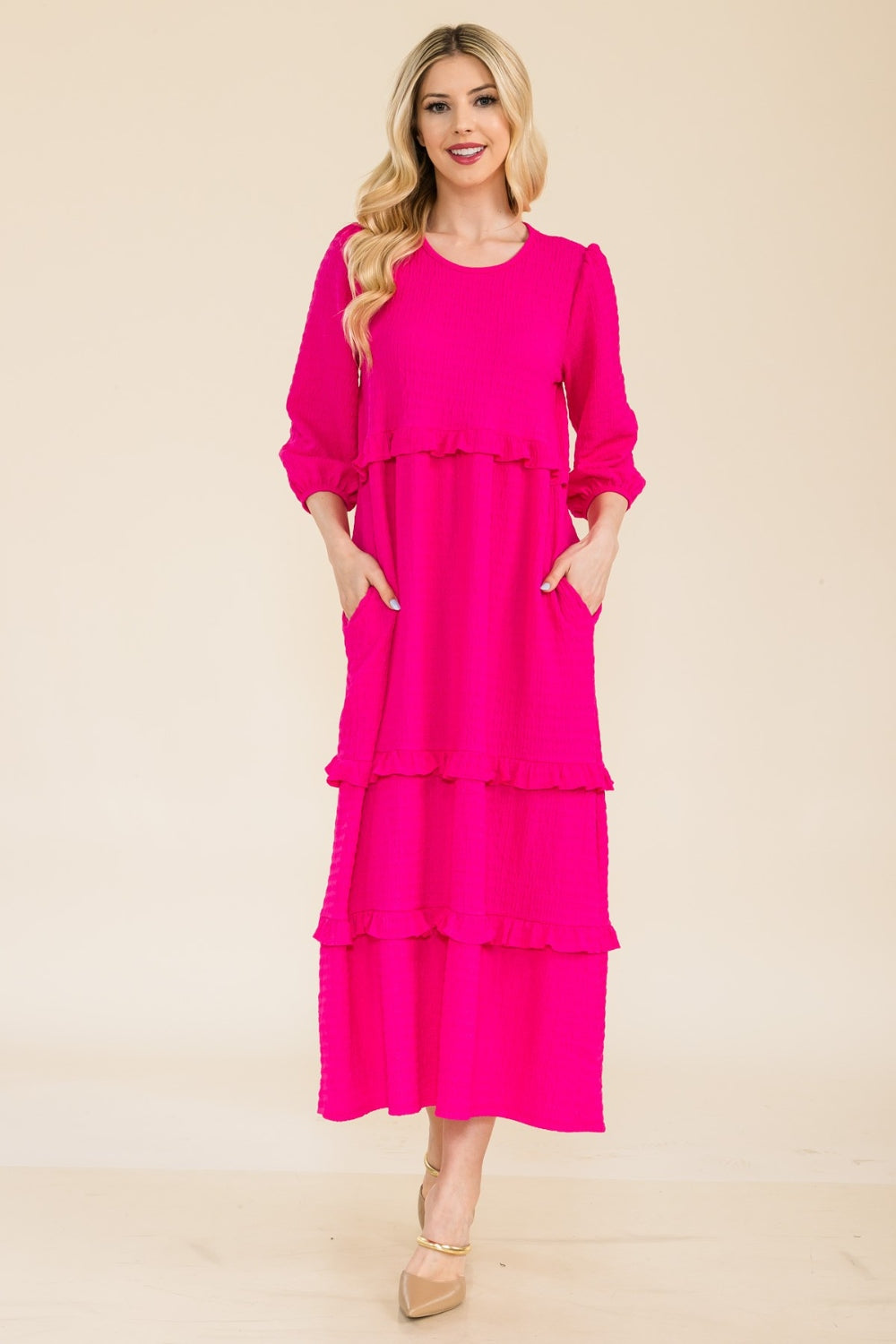 Celeste Full Size Tiered-Ruffle Midi Dress Fuchsia