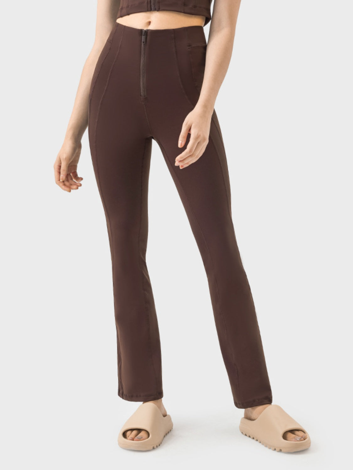 Zipper Detail High Waist Active Pants Chocolate