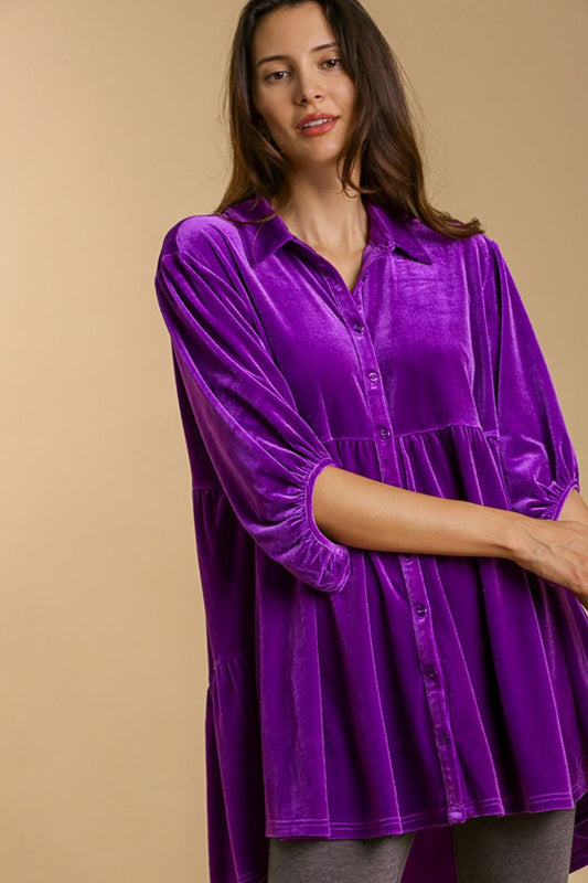 Umgee Full Size Button Down Tiered Back High Low Shirt Violet