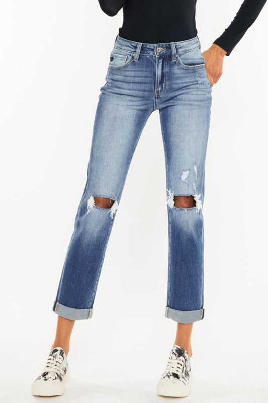 Kancan High Waist Distressed Hem Detail Cropped Straight Jeans Medium