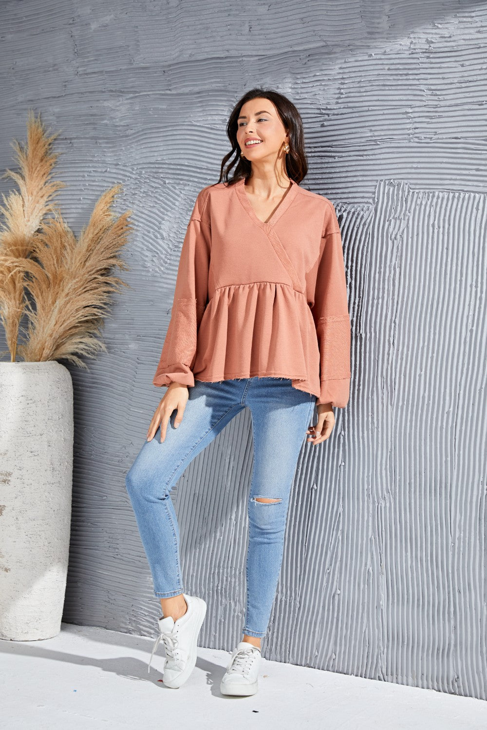 V-Neck Exposed Seams Balloon Sleeve Top