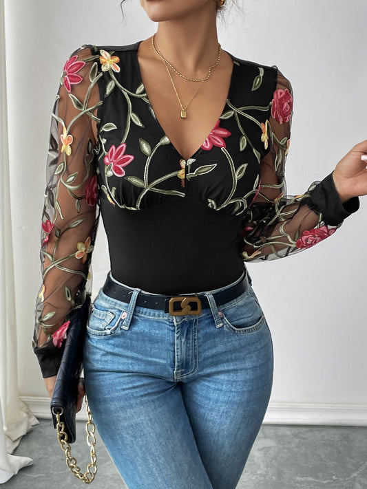 Perfee Embroidered V-Neck Long Sleeve Bodysuit Black