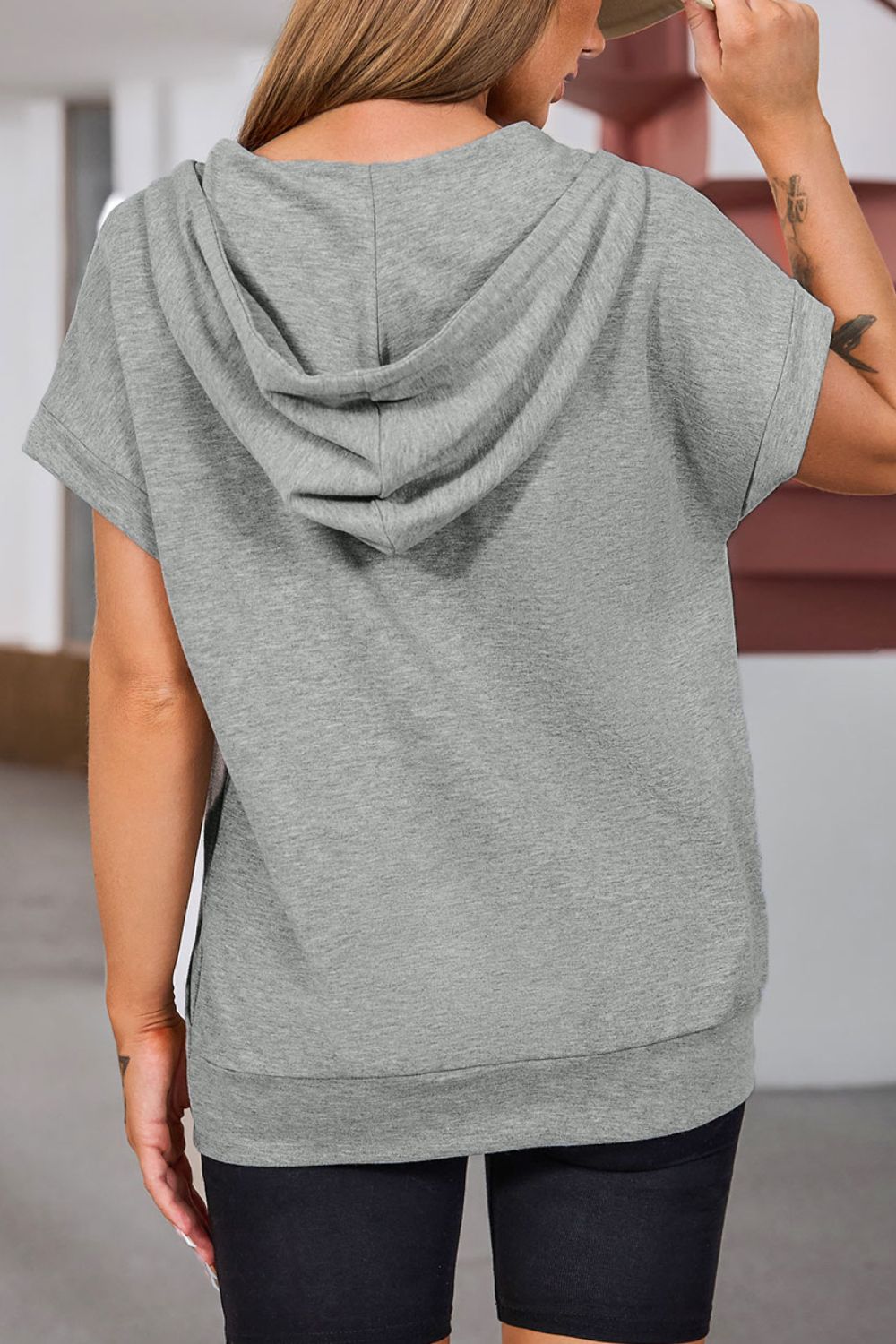 Drawstring Quarter Snap Cap Sleeve Hoodie