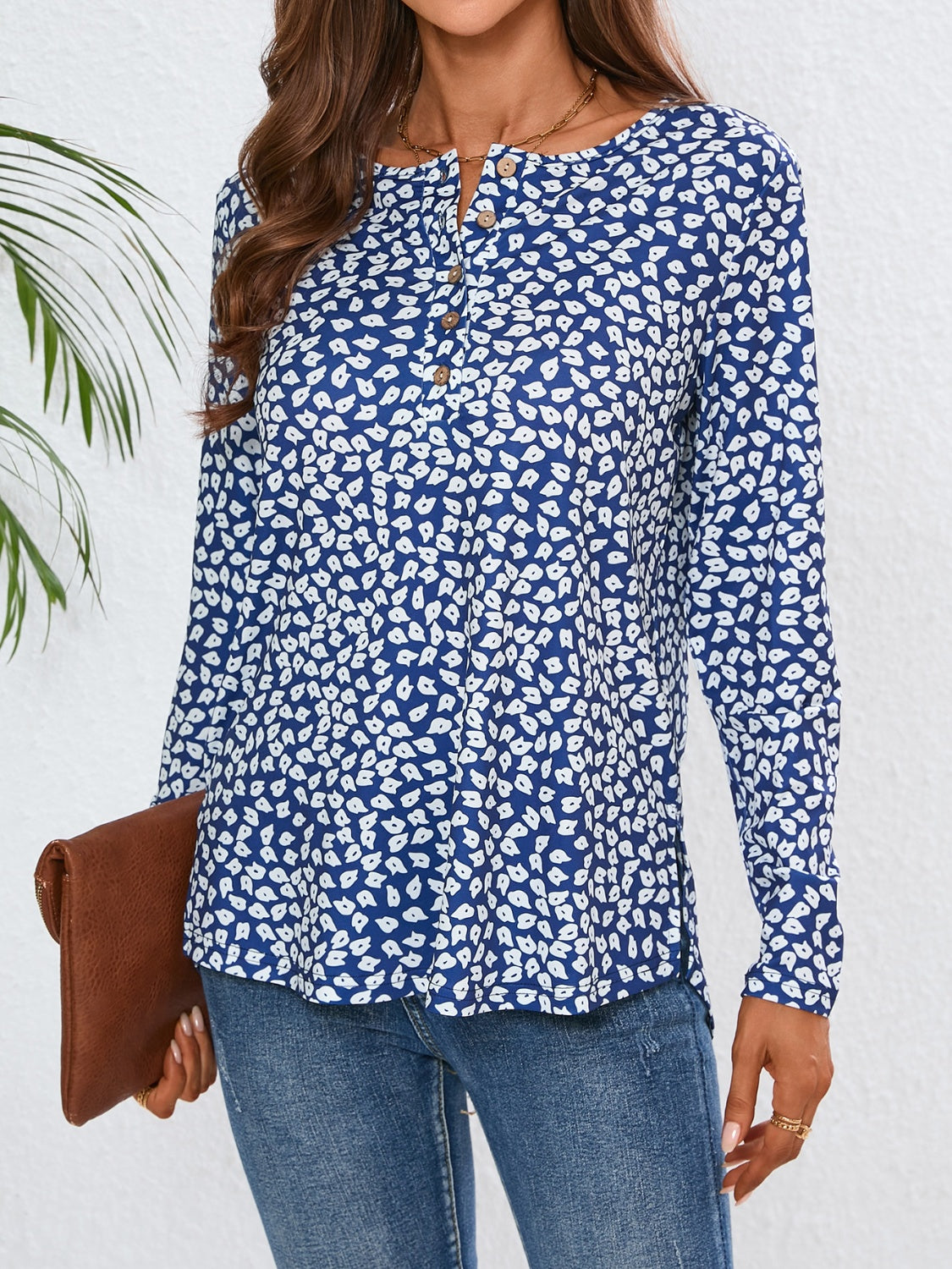 Quarter Button Printed Round Neck Long Sleeve Top