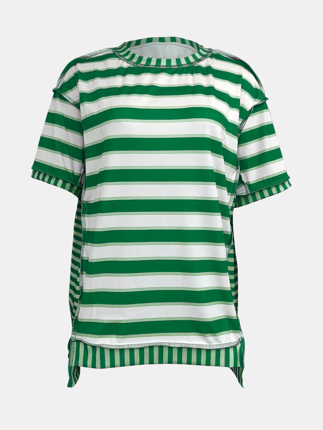 Full Size Contrast Stitching Striped Round Neck T-Shirt Green