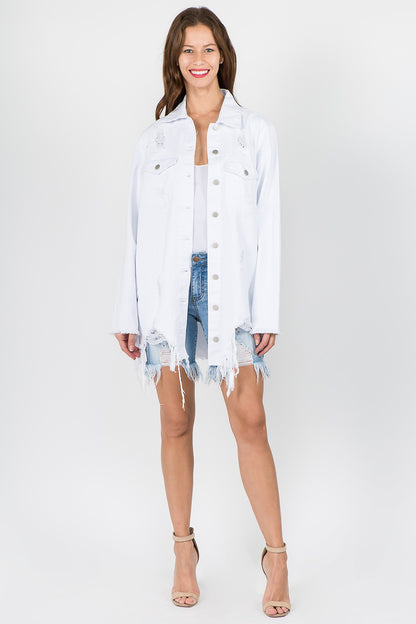 Women's Distressed Denim Jacket with Frayed Hem