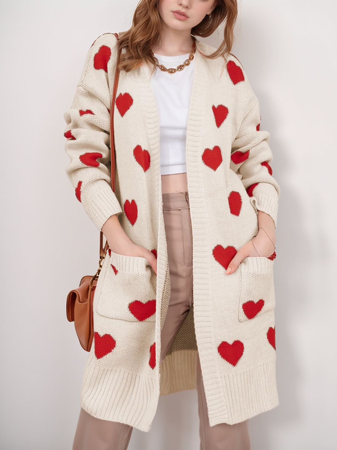 Heart Open Front Long Sleeve Cardigan Tan One Size