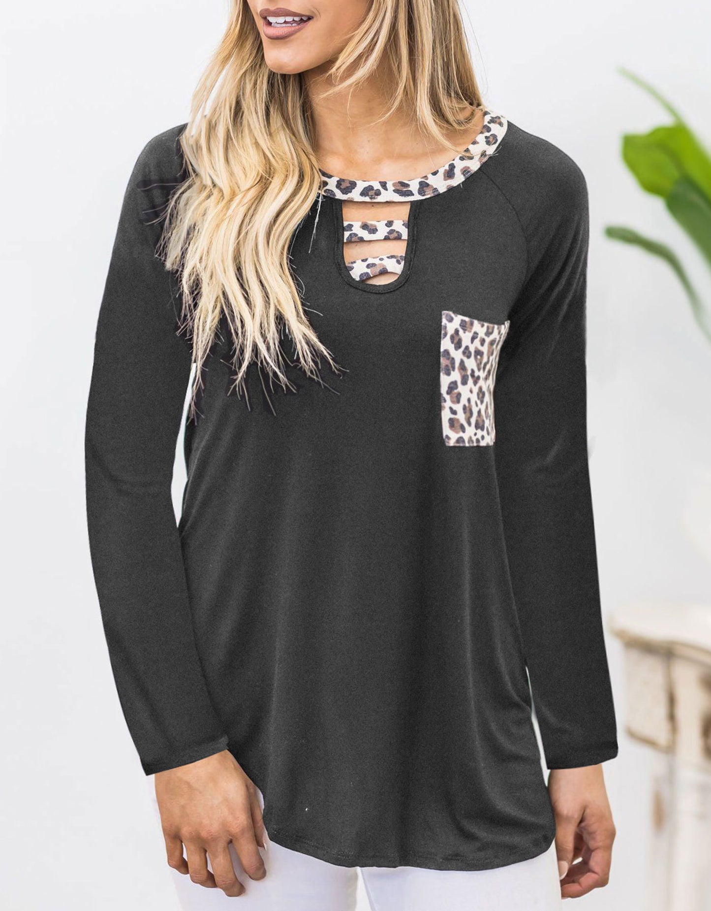 Cutout Leopard Round Neck Long Sleeve T-Shirt Dark Gray