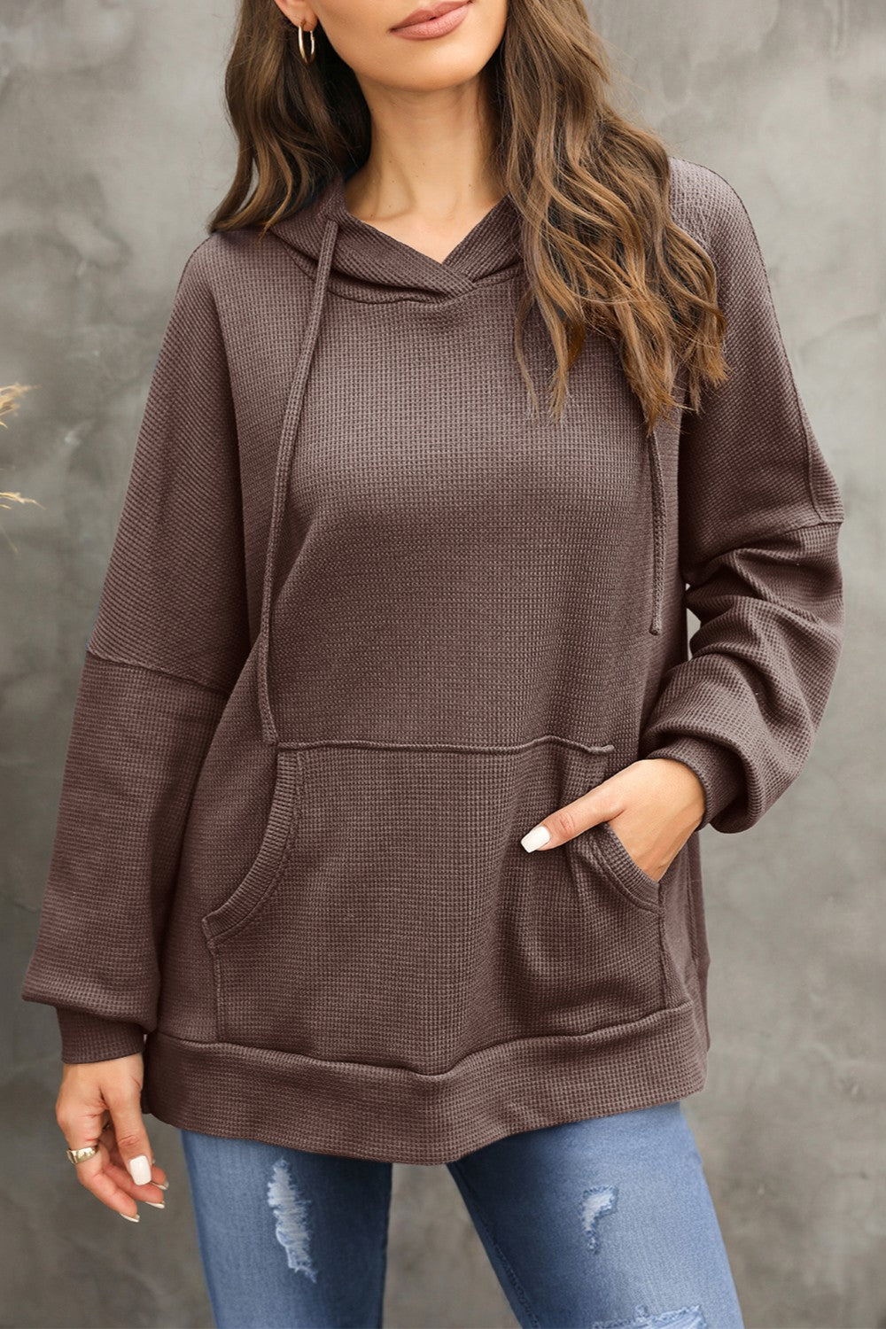 Cozy Waffle Knit Back-to-School Hoodie Brown