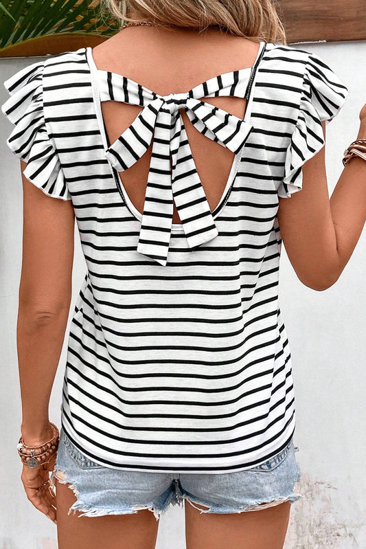 Tied Striped V-Neck Cap Sleeve T-Shirt Stripe