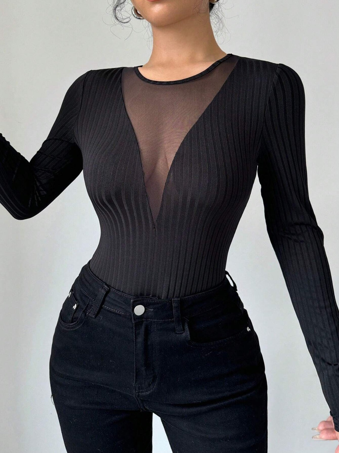 Mesh Detail Round Neck Long Sleeve Top Black