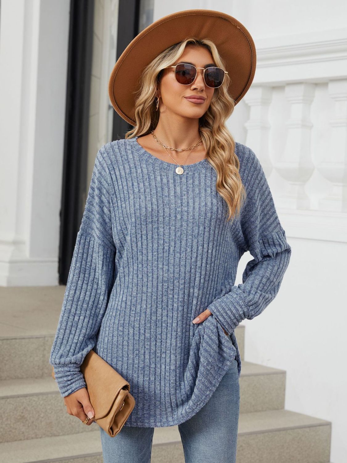 Ribbed Round Neck Long Sleeve T-Shirt Dusty Blue