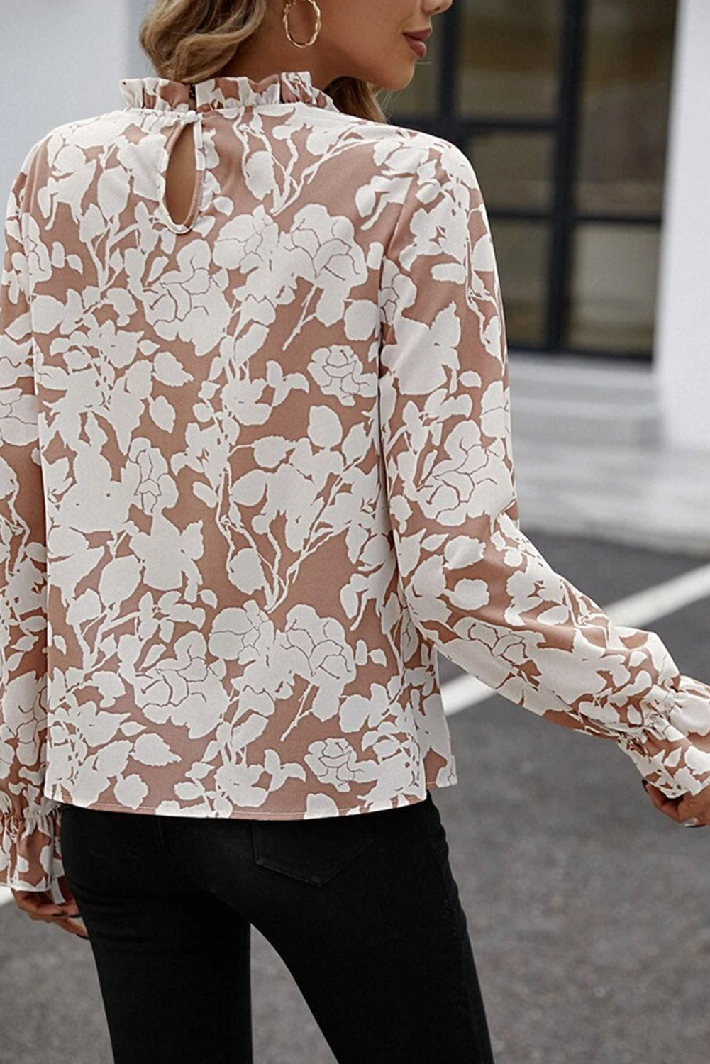 Floral Print Mock Neck Flounce Sleeve Blouse