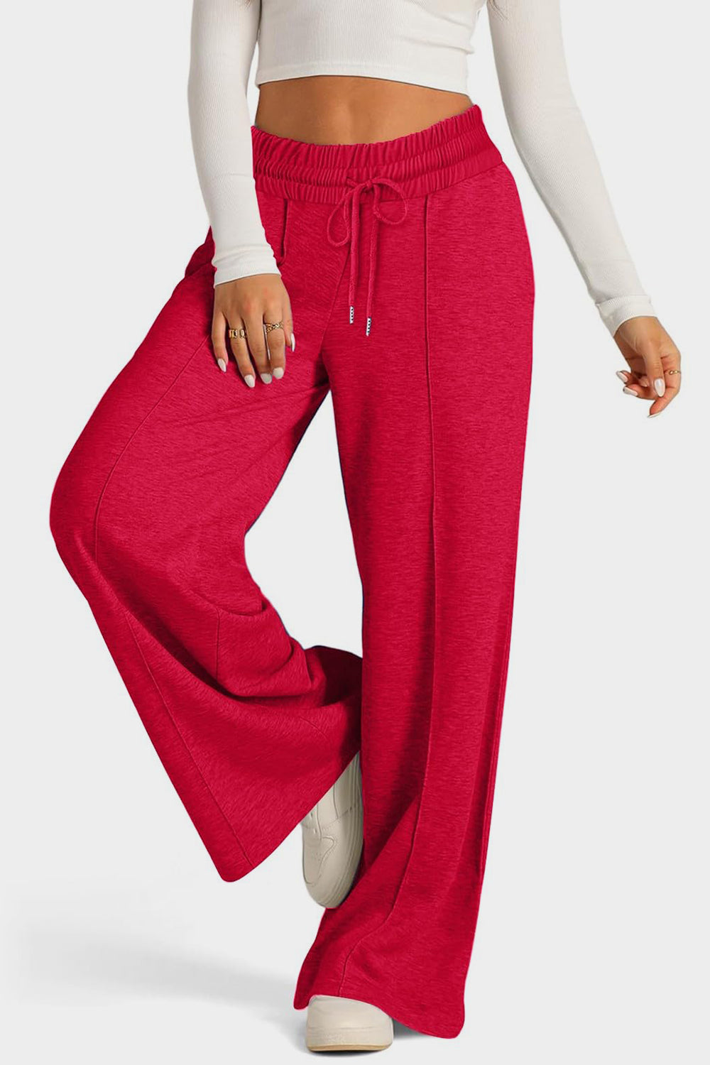 Drawstring Elastic Waist Wide Leg Pants Deep Red