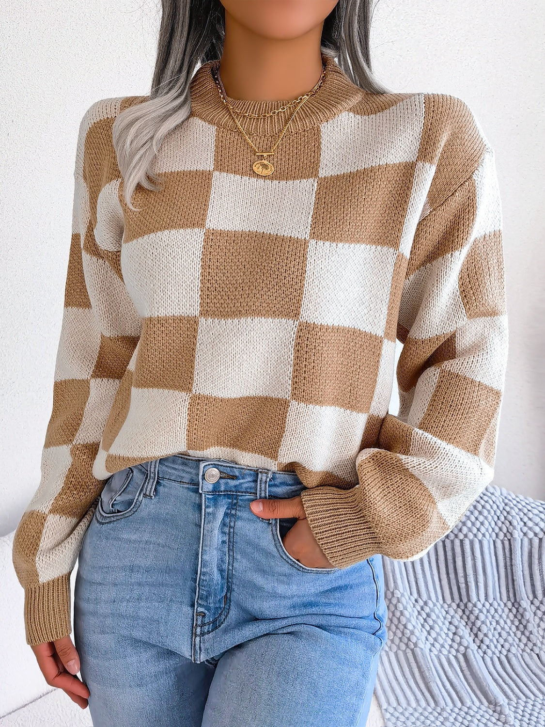 Checkered Mock Neck Long Sleeve Sweater Camel