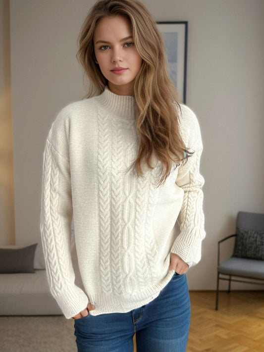 Cable-Knit Mock Neck Dropped Shoulder Sweater Cream One Size