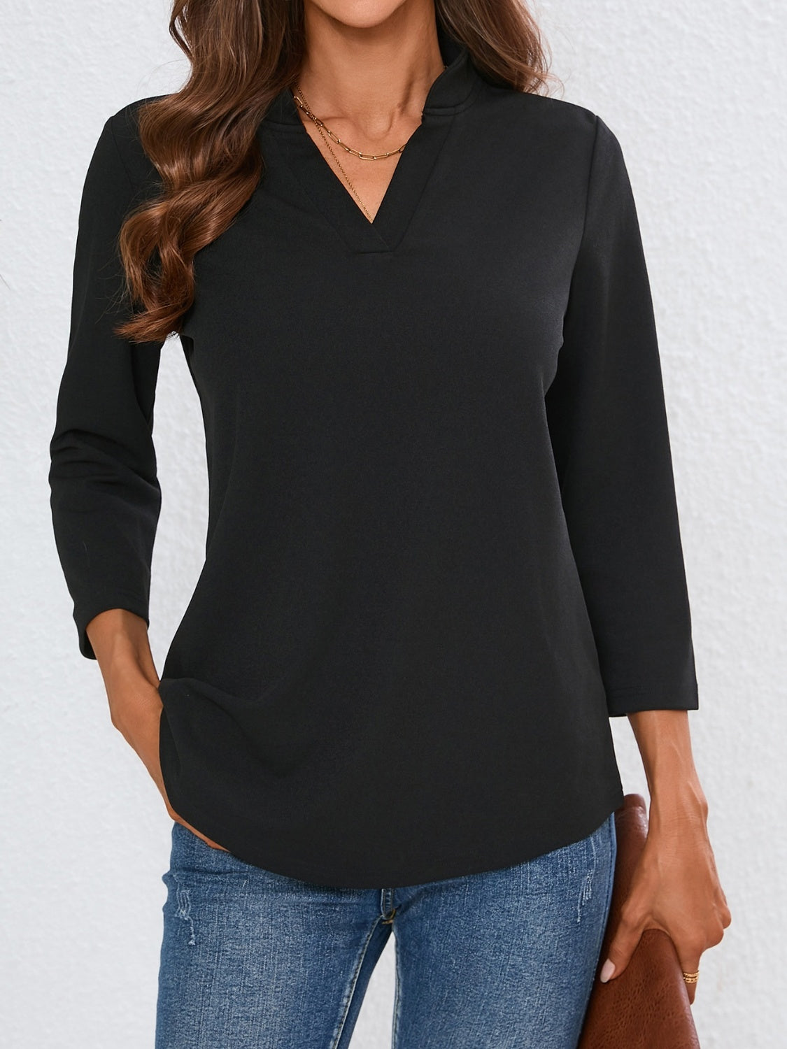 Notched Three-Quarter Sleeve Top Black