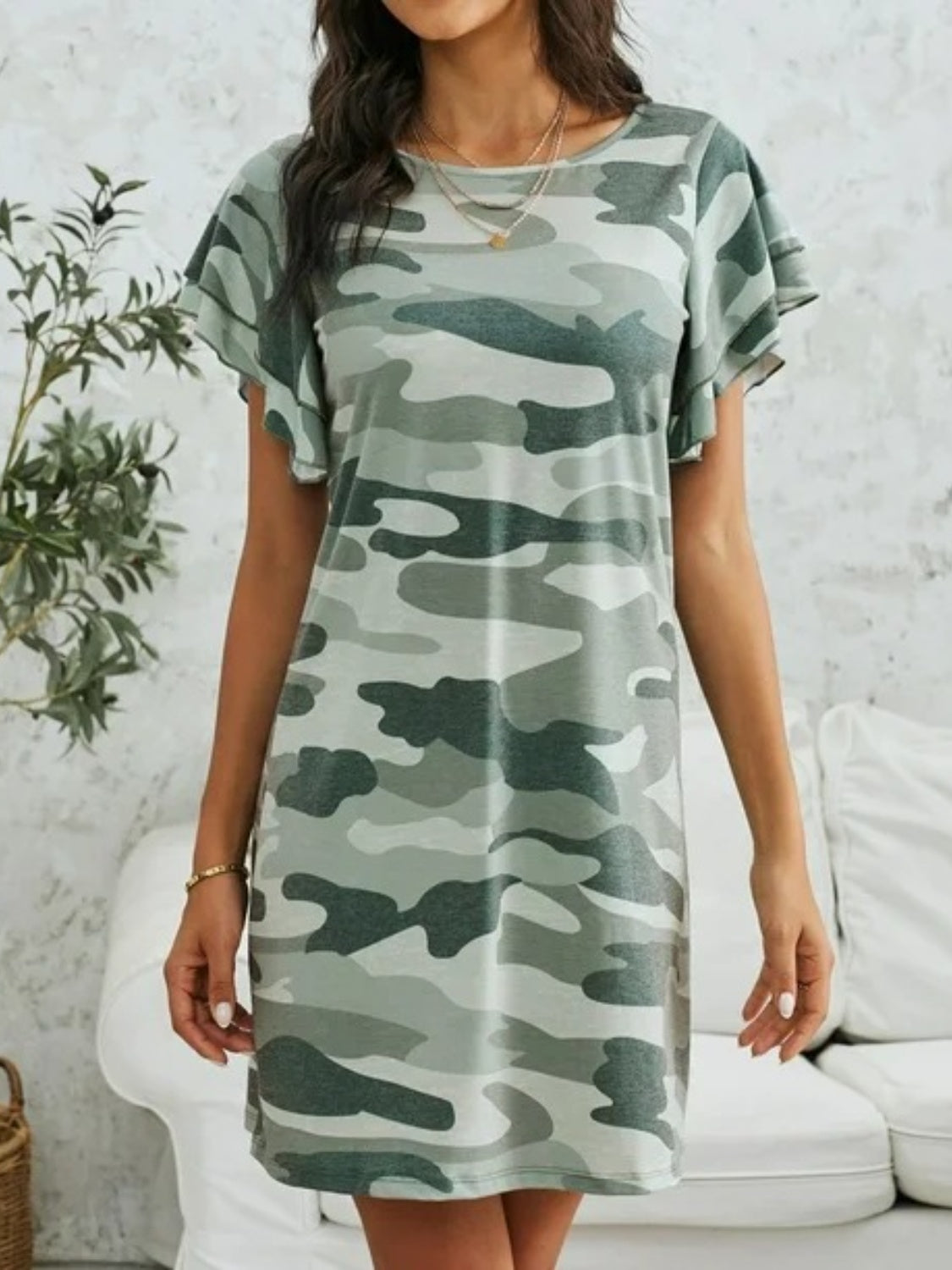 Casual Camouflage Mini Dress Green Camouflage