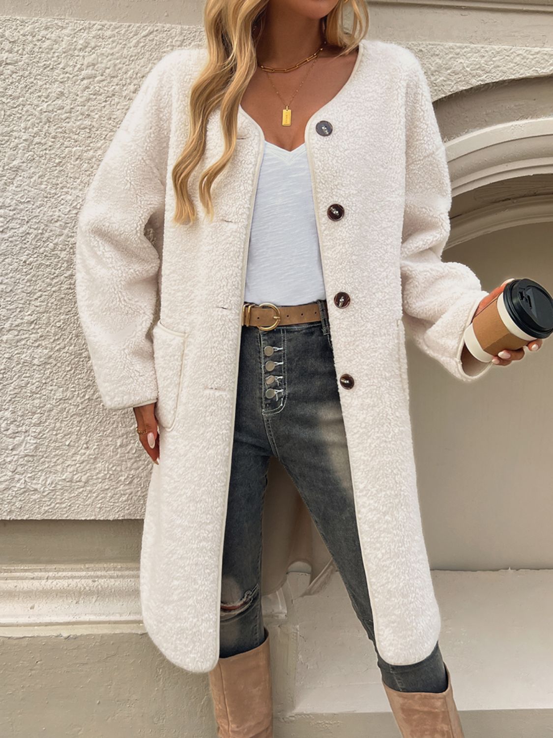 Devine Button Up Long Sleeve Coat Ivory