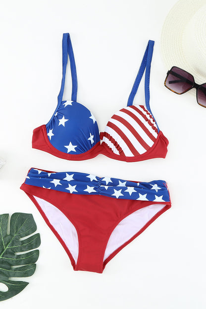 Mid-Rise Ruched Bikini Set Red Blue