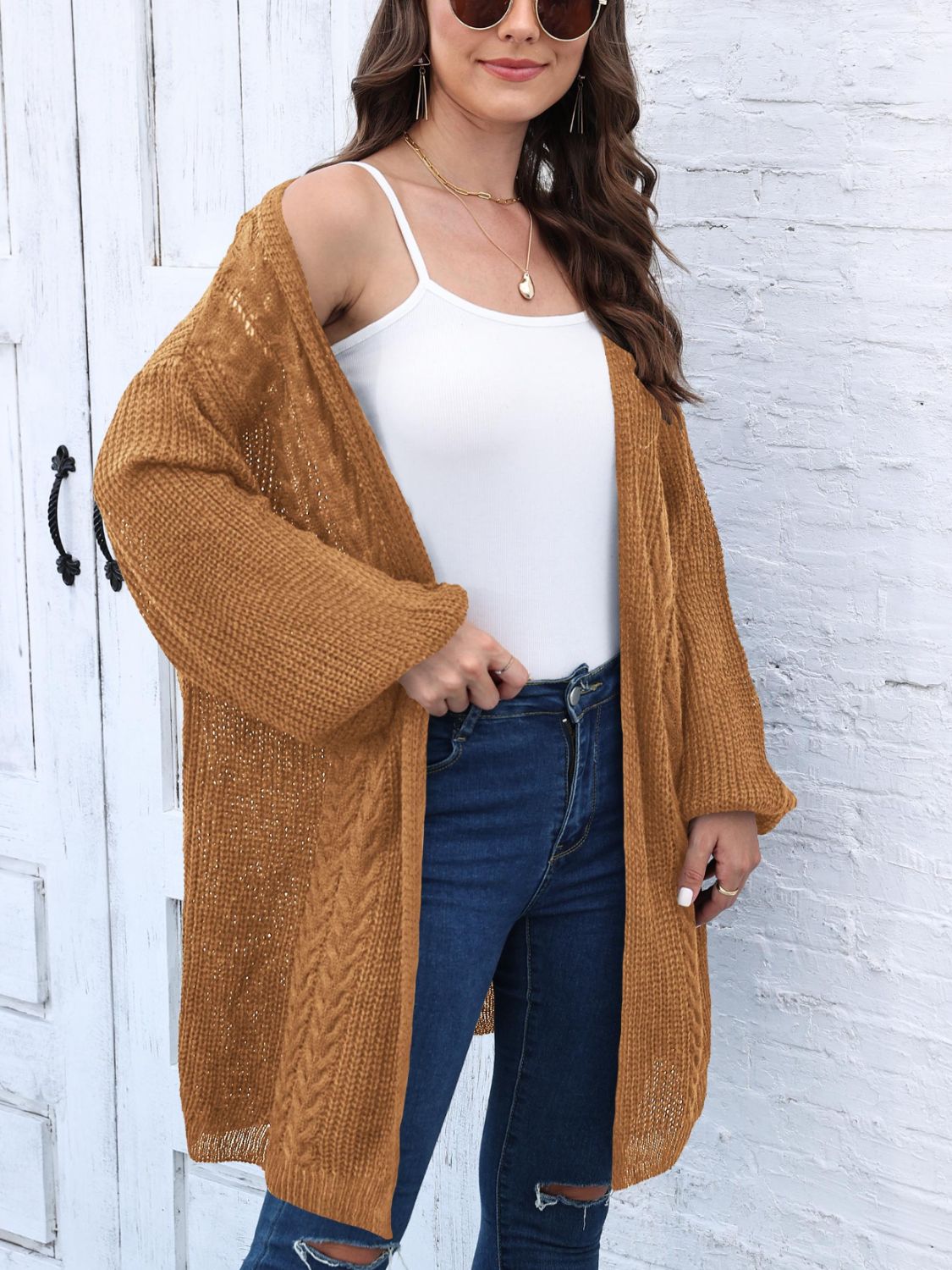 Cable-Knit Open Front Long Sleeve Cardigan