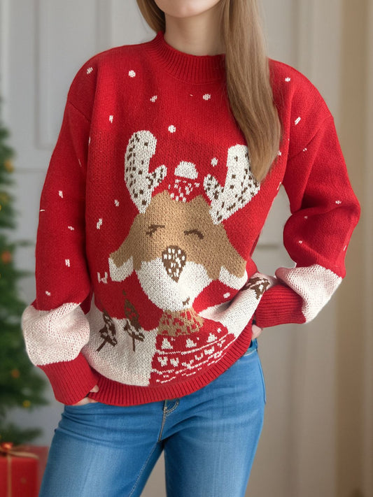 Reindeer Mock Neck Long Sleeve Sweater Deep Red One Size