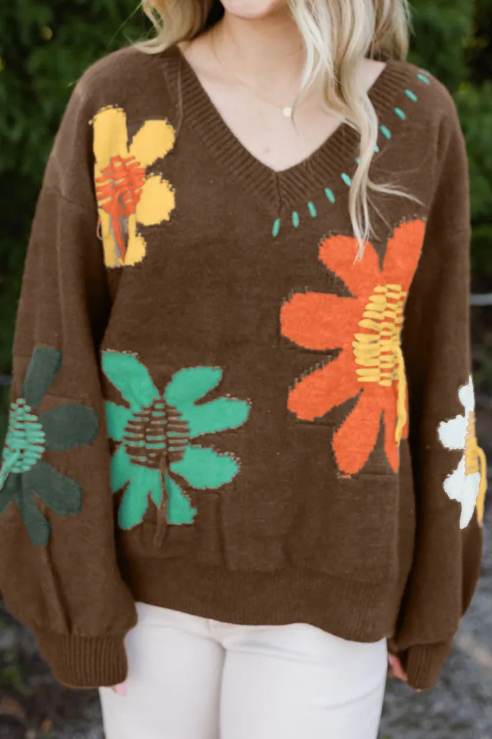 Flower V-Neck Dropped Shoulder Sweater Brown