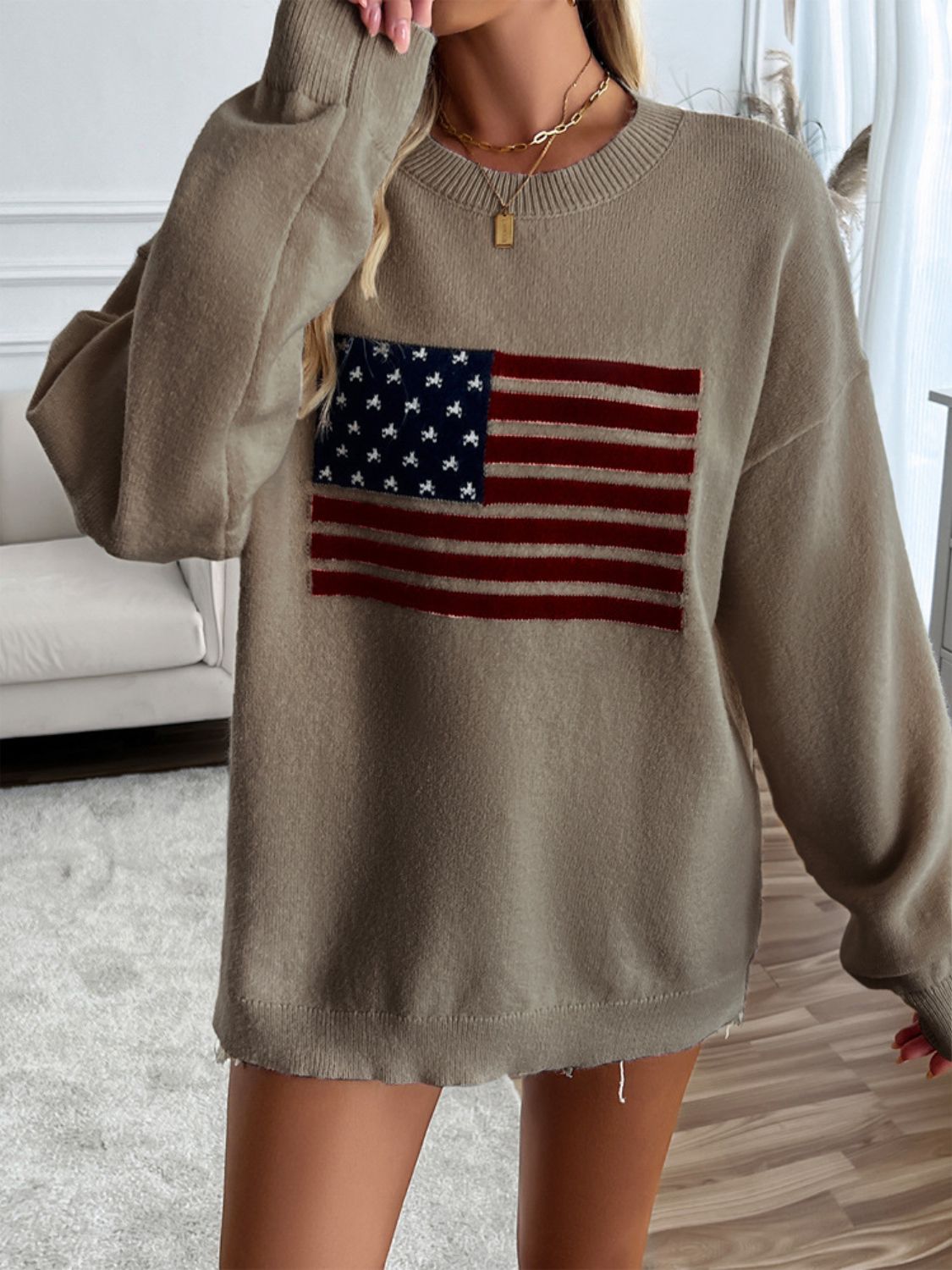 Devine US Flag Round Neck Long Sleeve Knit Top Mocha