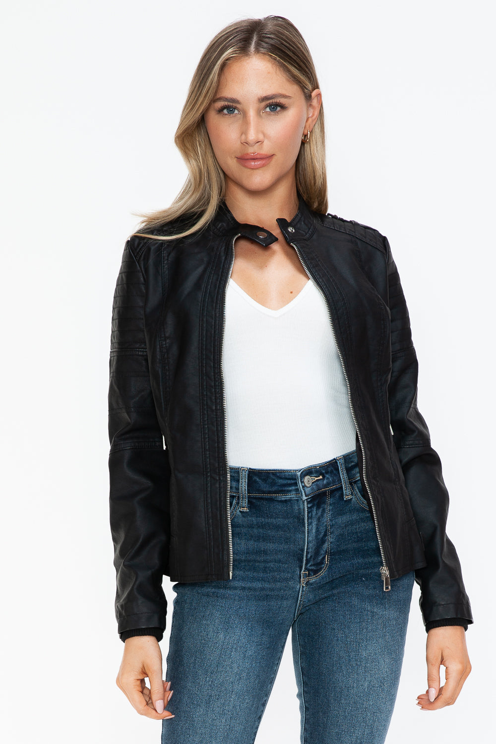 Snobbish PU Leather Biker Jacket with Side Zip Pockets Black