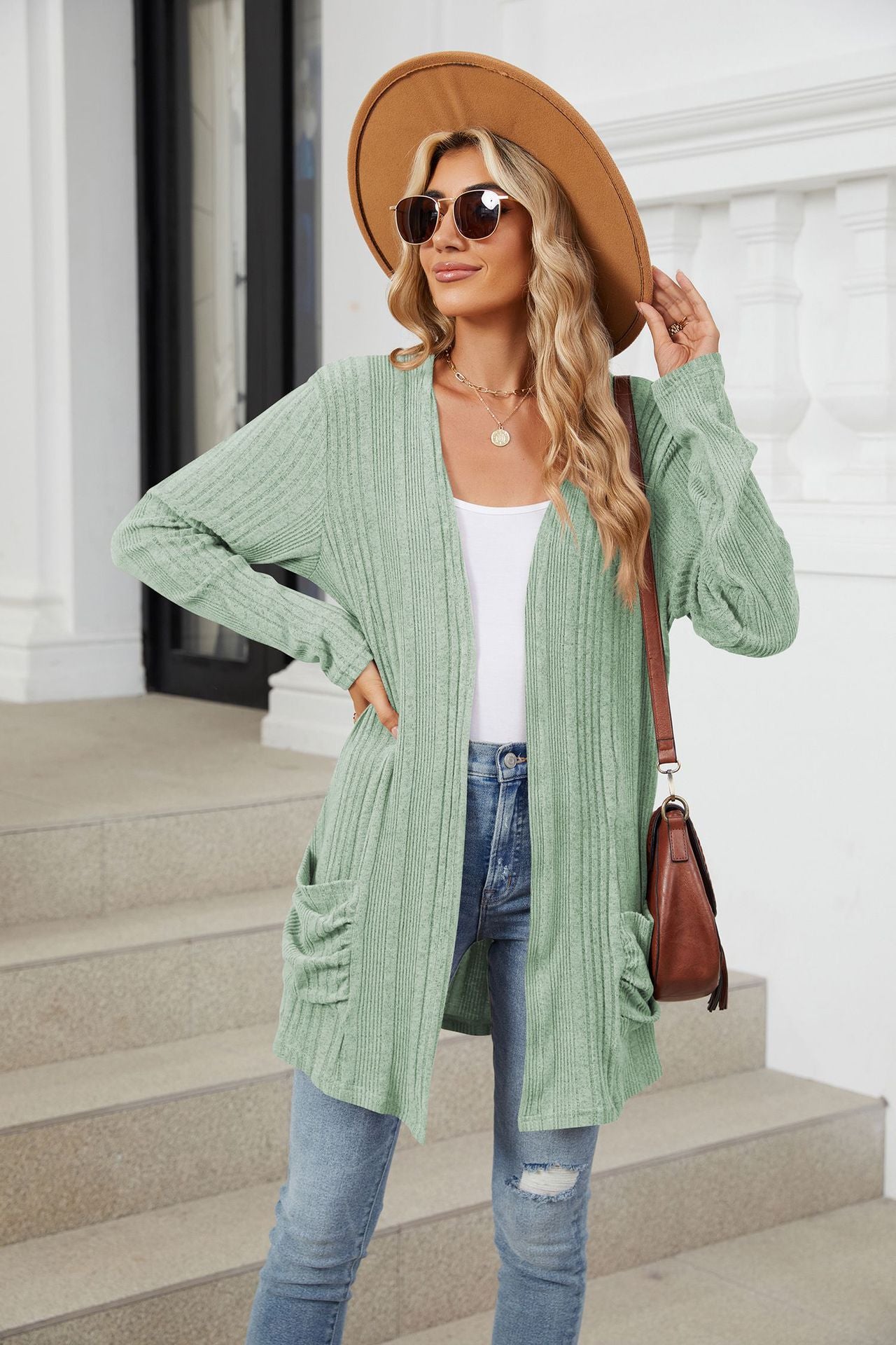 Pocketed Open Front Long Sleeve Cardigan Gum Leaf