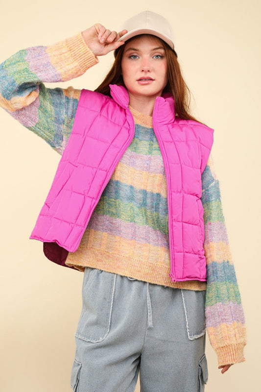 VERY J Zip Up Puffer Padded Warm Vest Fuchsia