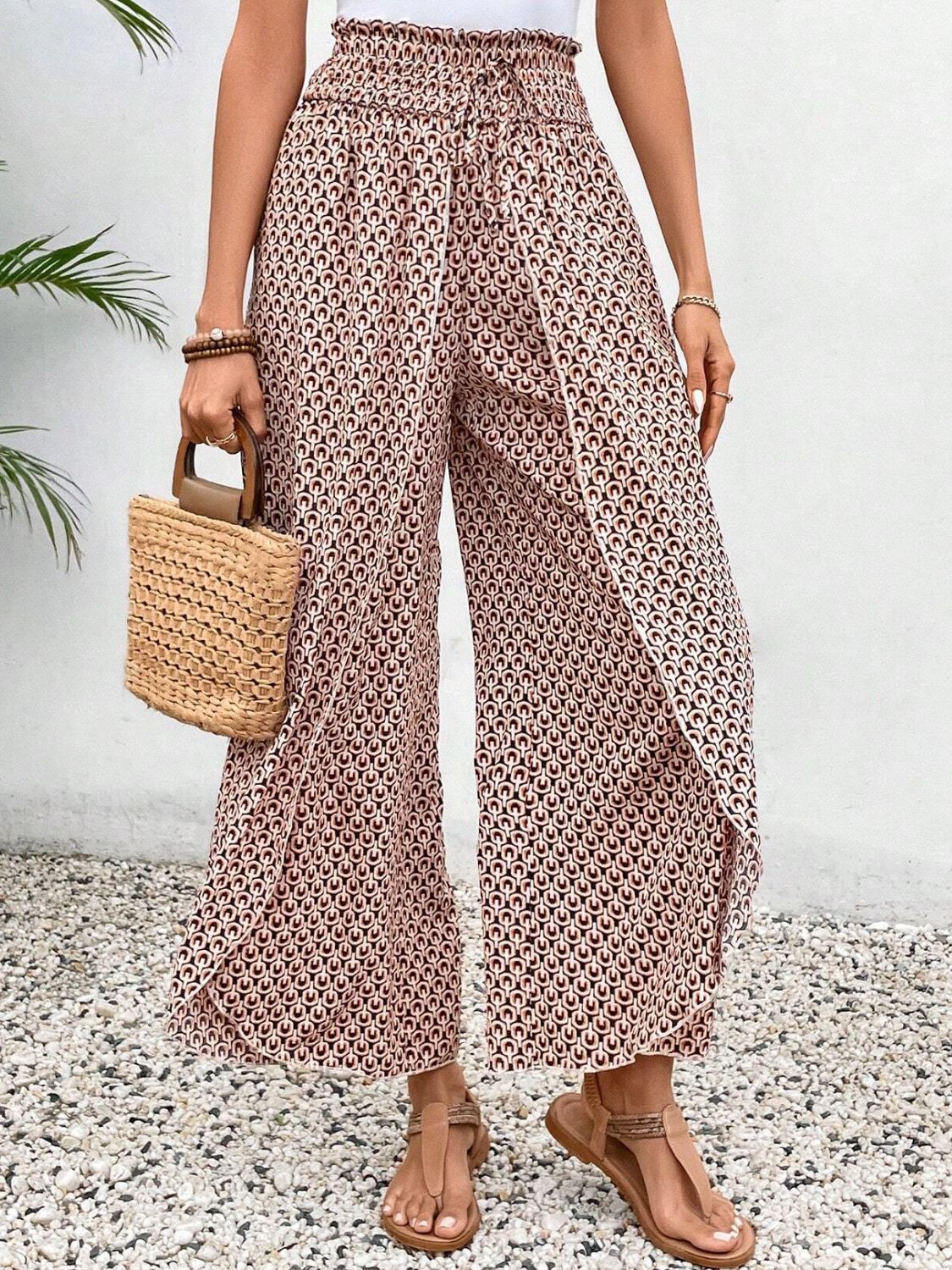 Tied Printed Wide Leg Pants Pale Blush