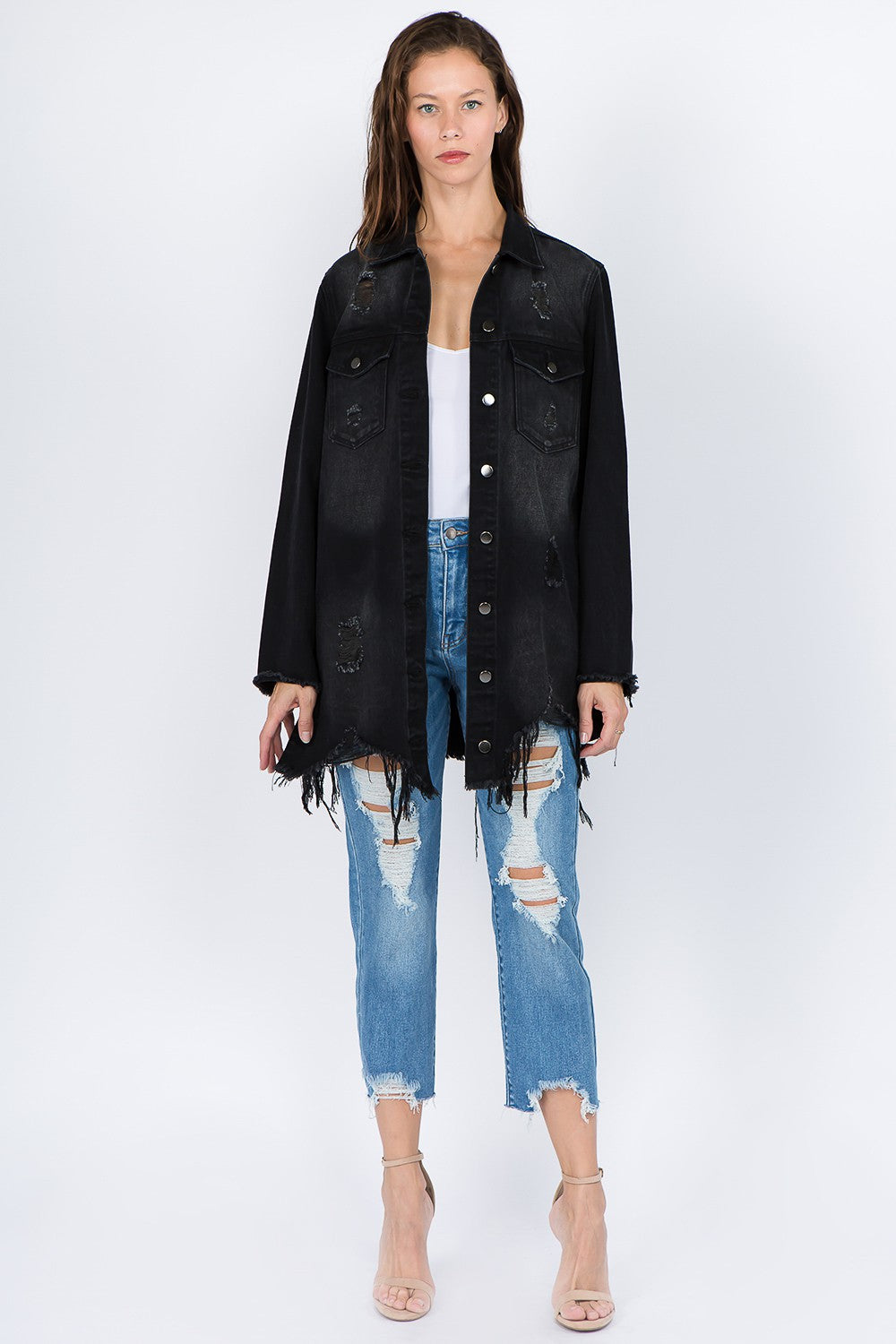 Women's Distressed Denim Jacket with Frayed Hem