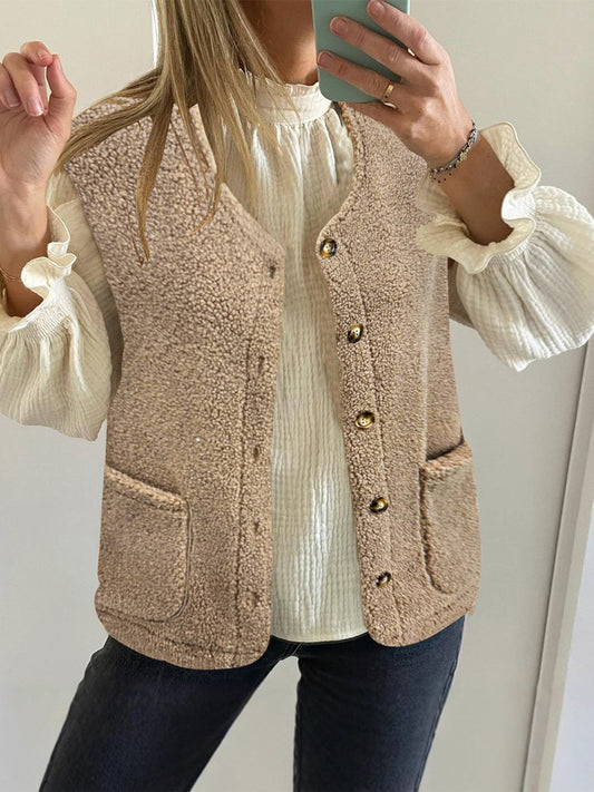 Button Up Vest Coat with Pockets Tan