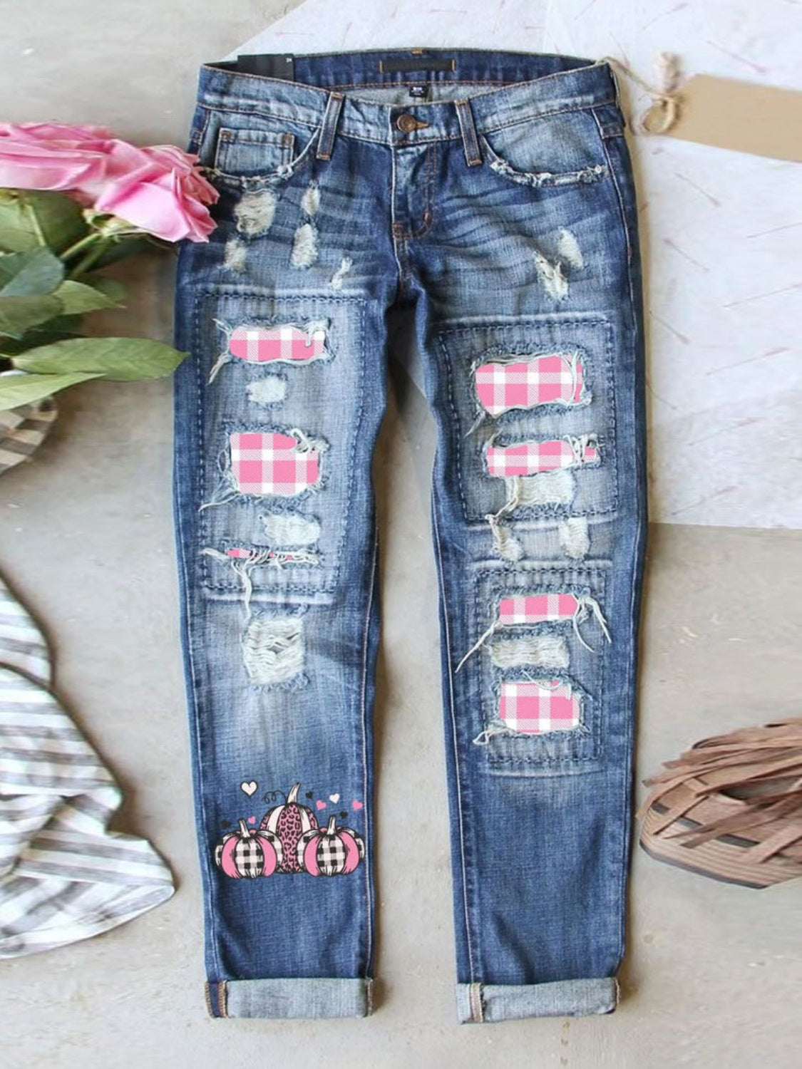 Distressed Printed Straight Jeans Medium