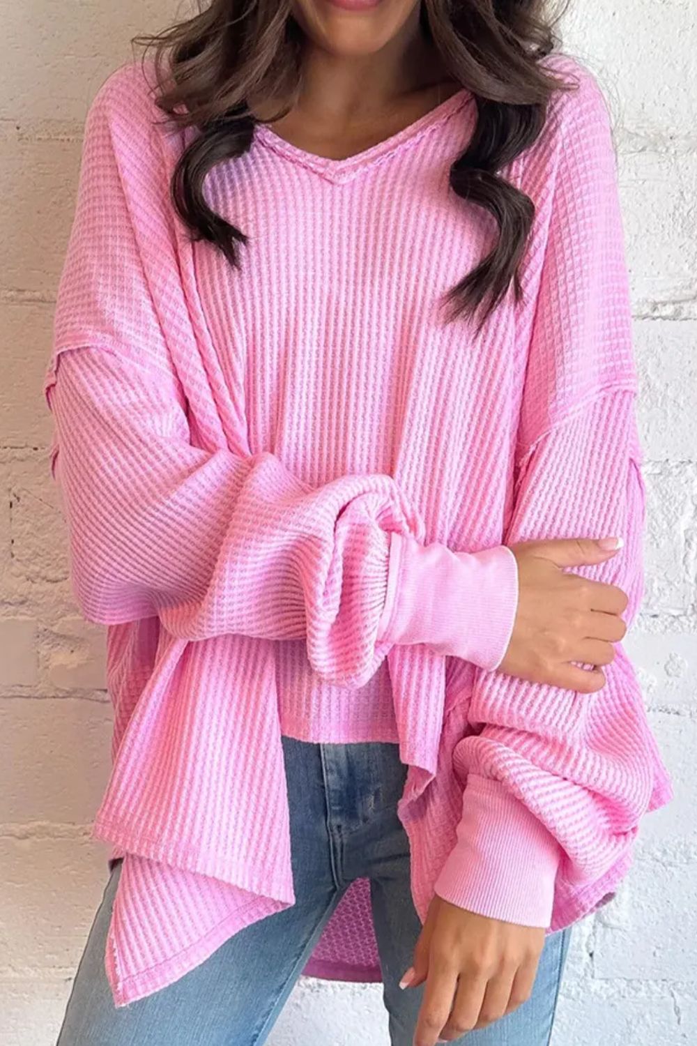 Waffle Knit V-Neck Back-to-School Blouse Blush Pink