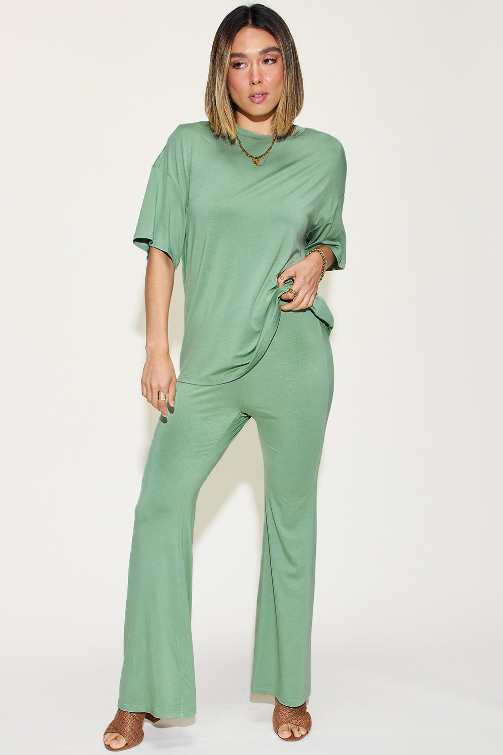 Comfy Bamboo Drop Shoulder Tee & Flare Pants Set Sage