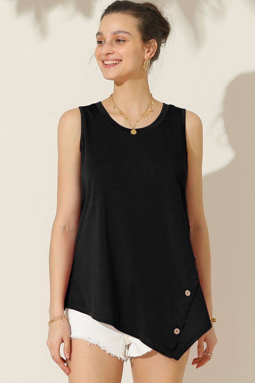 Ninexis Round Neck Button Side Tank Black