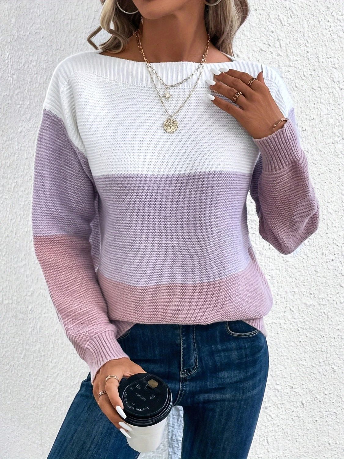 Color Block Boat Neck Sweater Lavender One Size