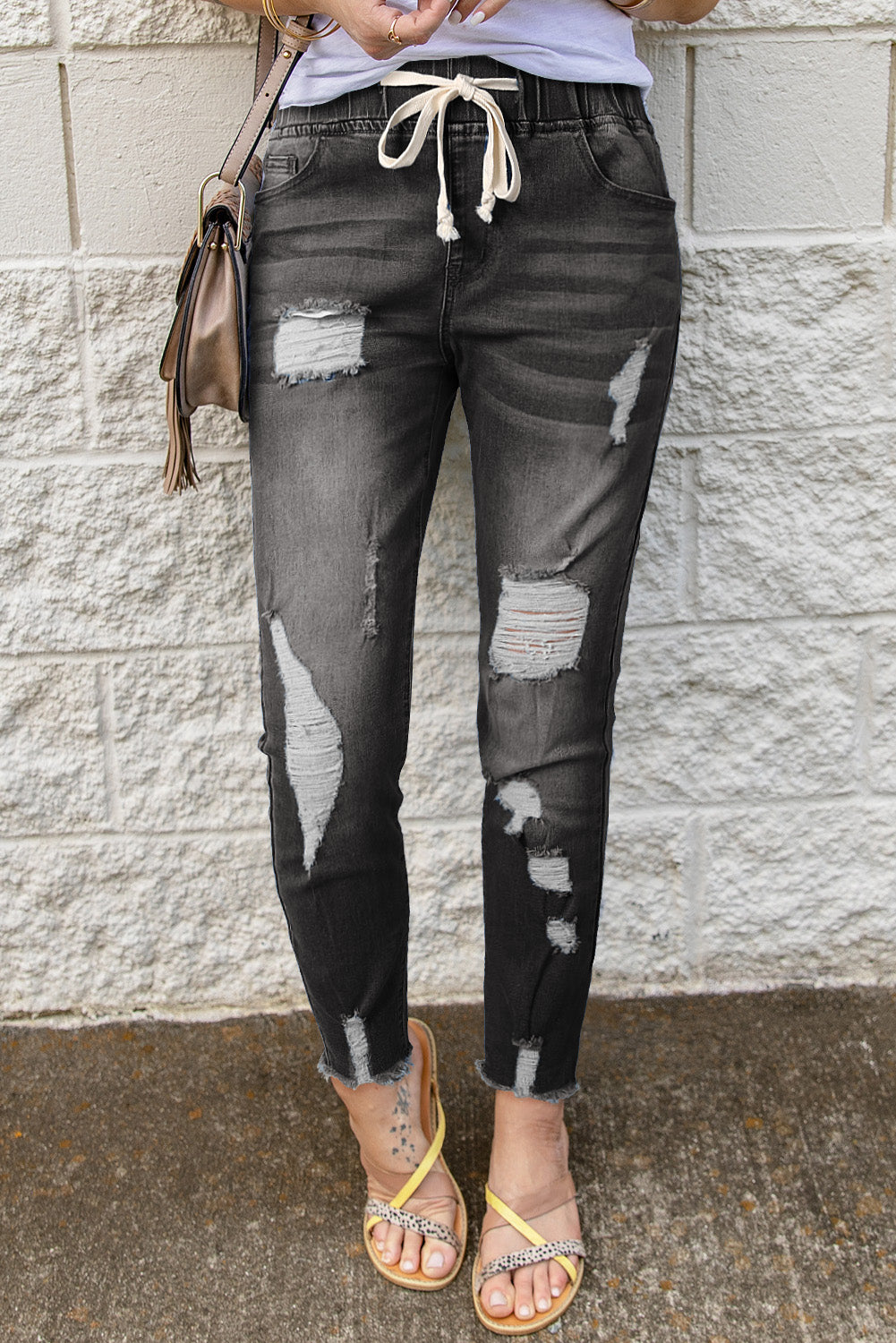 Drawstring Distressed Raw Hem Jeans with Pockets Dark