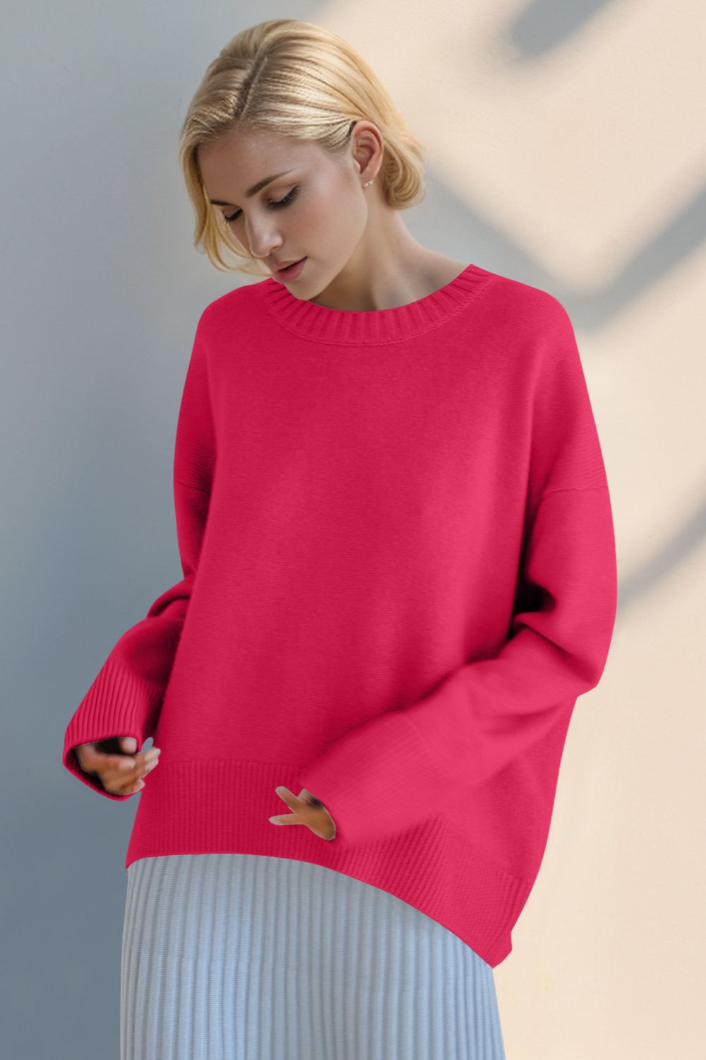 Basic Bae Round Neck Dropped Shoulder Sweater Strawberry One Size