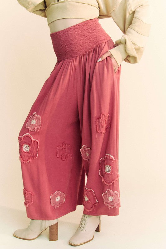 Davi & Dani Smocked Waist Flower Patch Wide Leg Pants Strawberry