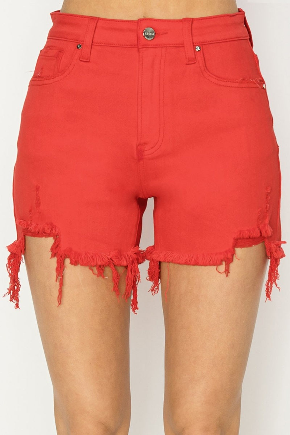 RISEN High Rise Distressed Denim Shorts Fiesta