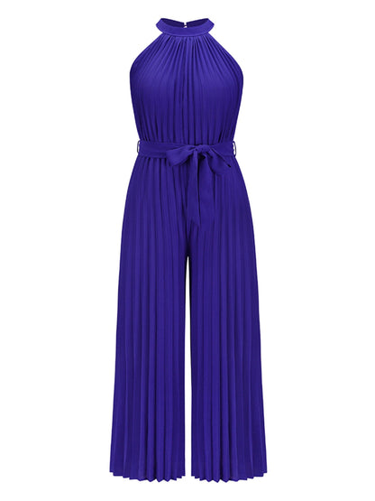 Cutout Tied Pleated Sleeveless Jumpsuit Dark Blue