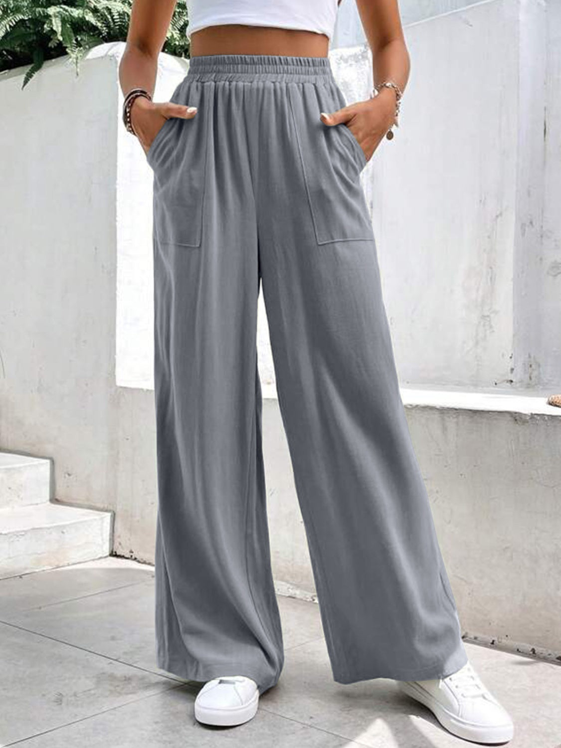 High Waist Wide Leg Pants with Pockets Gray