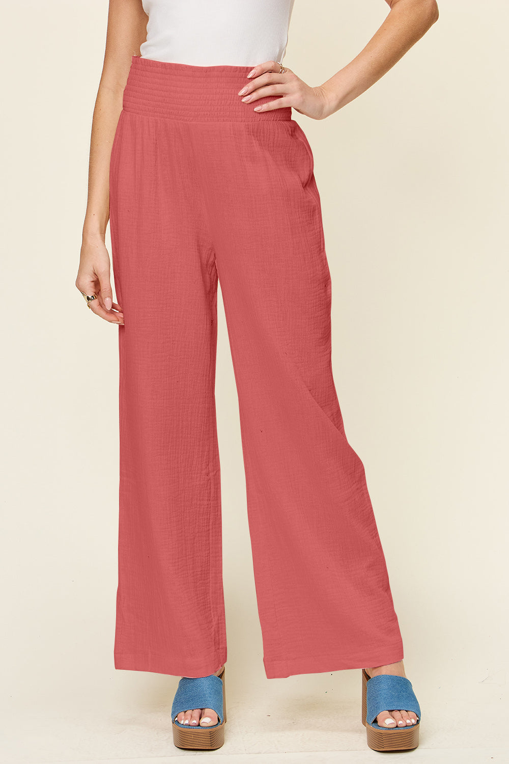 Textured Smocked Waist Wide Leg Pants Strawberry